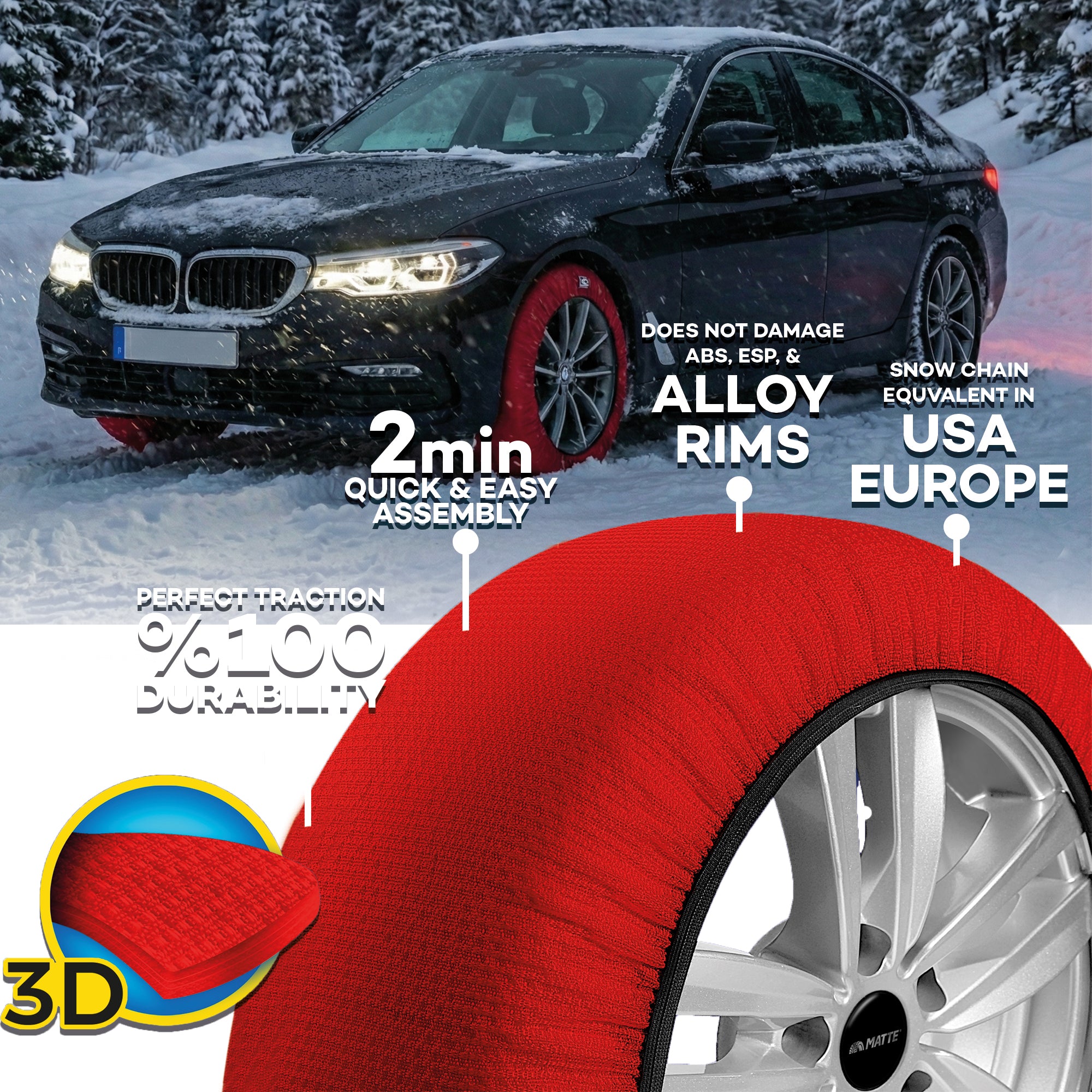 Car Tire Snow Socks 2pcs | MATTE | Winter Active Series Auto Car Tire Anti Patinage Snow Socks Red Wheel | Textile Snow Chain Alternative for Safe Driving on Snowy or Icy Roads