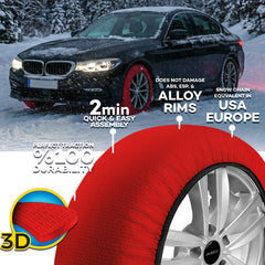 Car Tire Snow Socks 2pcs | MATTE | Winter Active Series Auto Car Tire Anti Patinage Snow Socks Red Wheel | Textile Snow Chain Alternative for Safe Driving on Snowy or Icy Roads