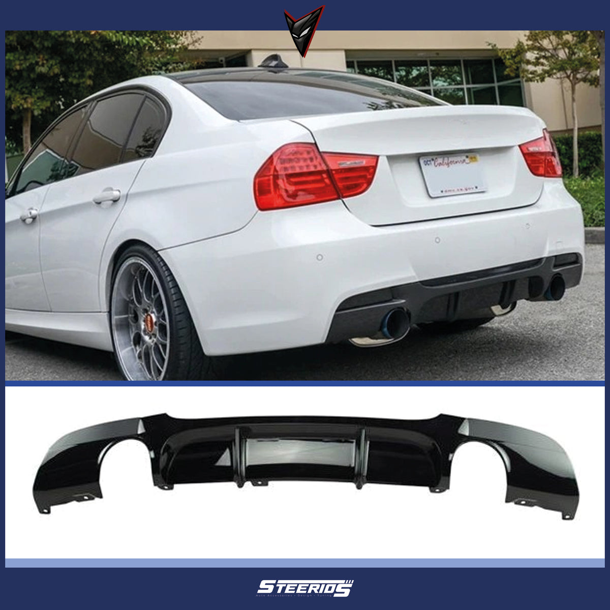 Rear Diffuser for BMW E90 M Technic 2004-2011 M Performance Diffuser R+L Single Output Piano Black Vacuum Plastic Car Styling Diffuser Rear Body Kit