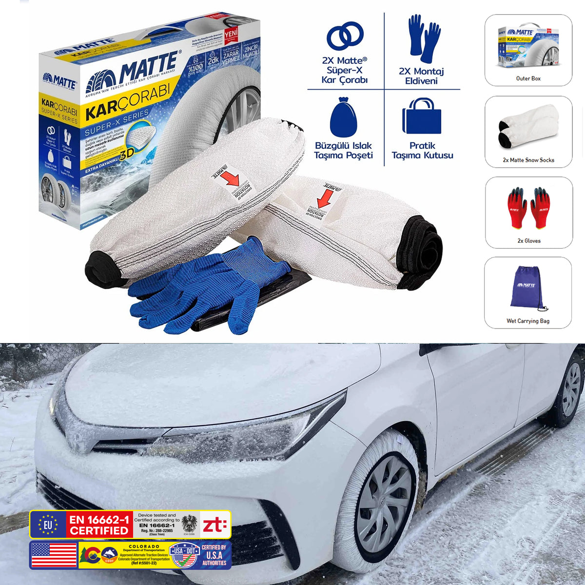 Car Tire Snow Socks 2pcs | MATTE | Winter Super-X Series Auto Car Tire Anti Patinage Snow Socks White Wheel | Textile Snow Chain Alternative for Safe Driving on Snowy or Icy Roads