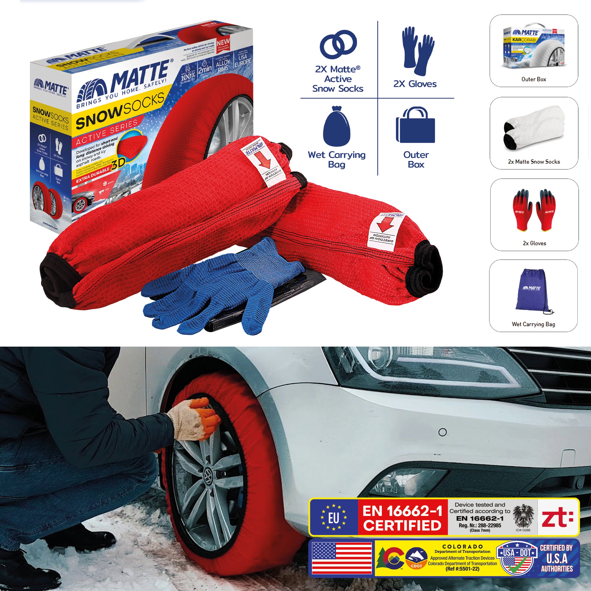 Car Tire Snow Socks 2pcs | MATTE | Winter Active Series Auto Car Tire Anti Patinage Snow Socks Red Wheel | Textile Snow Chain Alternative for Safe Driving on Snowy or Icy Roads