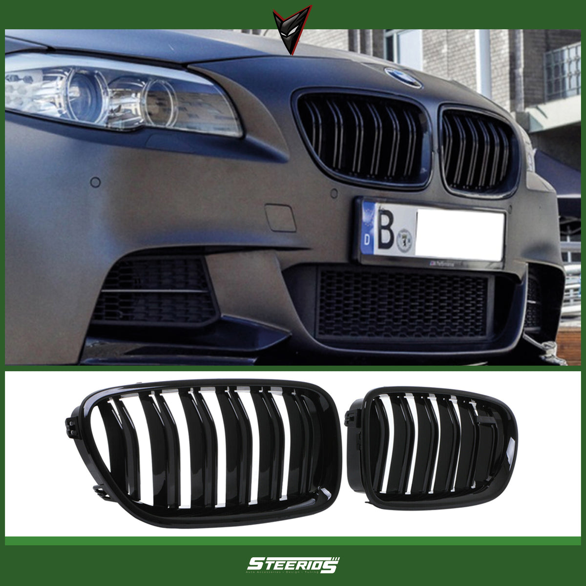 Front Bumper Kidney Racing Grille for BMW 5 Series F10 F11 F18 520d 530d 540i 2010-2017 Car Double Line Sport Grill Glossy Black Cover