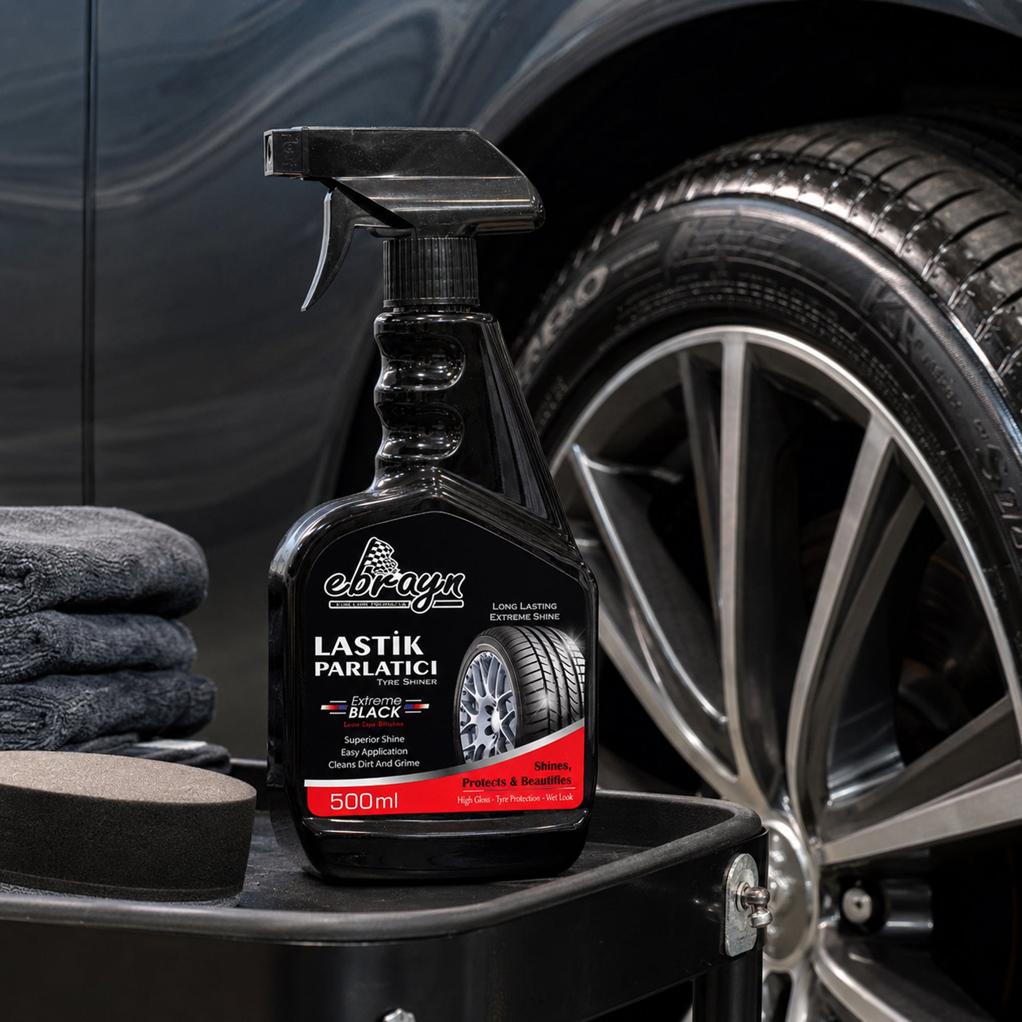Car Care Tyre Shiner 500ML – High Gloss Long Lasting Tire Shine Spray, Anti-Static Rubber & Plastic Dressing, Black Trim & Tyre Protectant