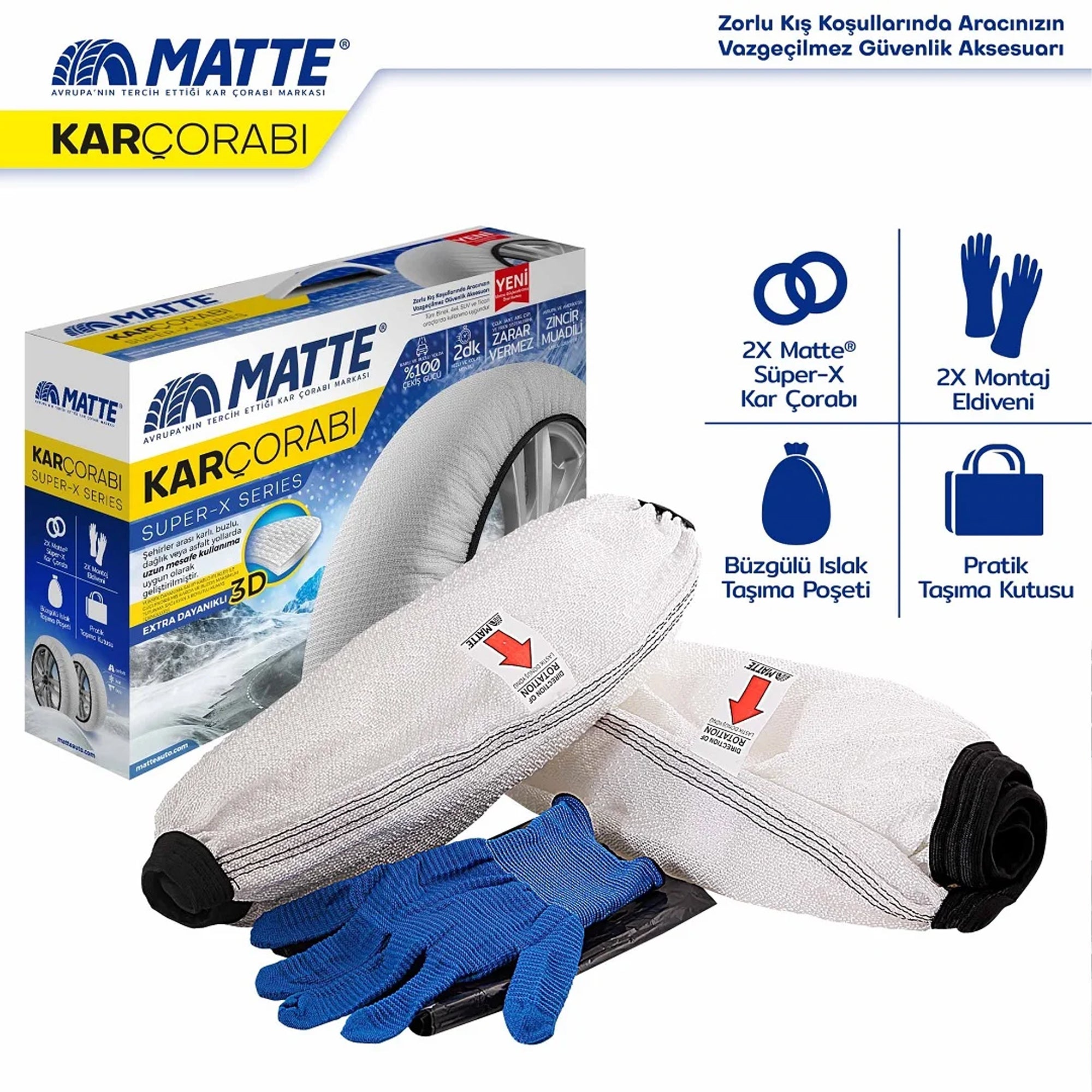 Car Tire Snow Socks 2pcs | MATTE | Winter Super-X Series Auto Car Tire Anti Patinage Snow Socks White Wheel | Textile Snow Chain Alternative for Safe Driving on Snowy or Icy Roads