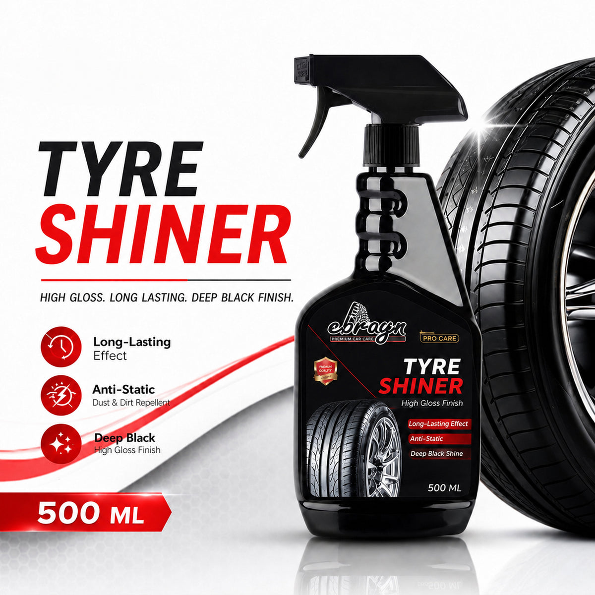 Car Care Tyre Shiner 500ML – High Gloss Long Lasting Tire Shine Spray, Anti-Static Rubber & Plastic Dressing, Black Trim & Tyre Protectant
