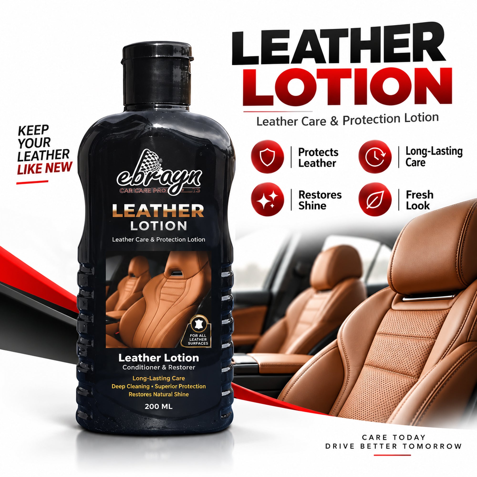 Leather Care & Protection Lotion 200 ML – Car Leather Conditioner, Shine Restorer & Interior Protectant