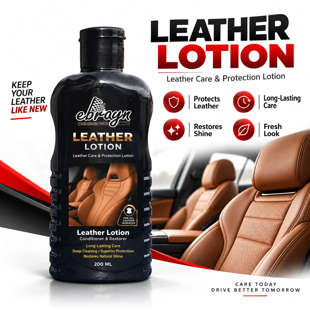 Leather Care & Protection Lotion 200 ML – Car Leather Conditioner, Shine Restorer & Interior Protectant