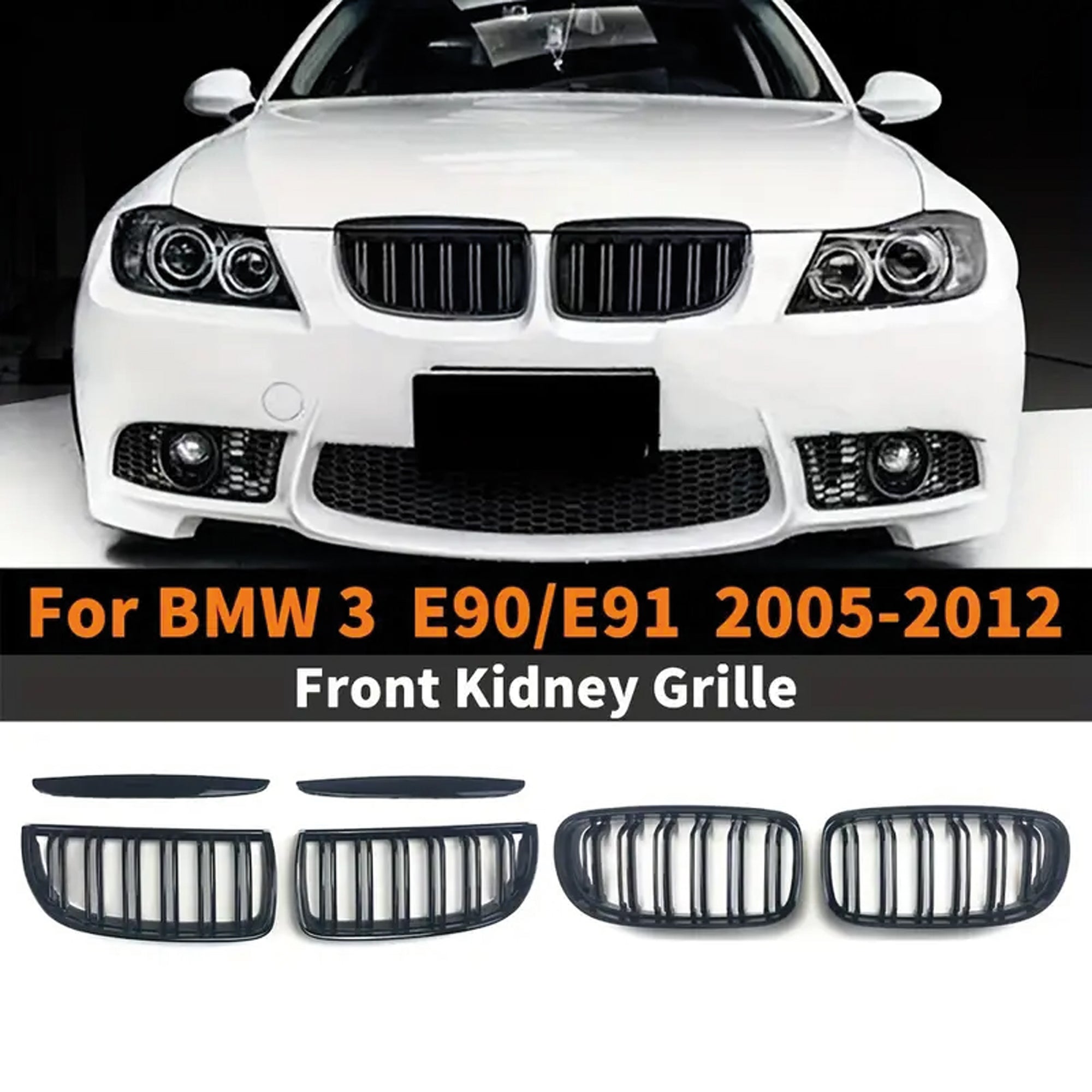 Front Bumper Kidney Racing Grille for BMW 3 Series E90 E91 2005-2008 325i 320i 330i 335i Car Double Line Sport Grill Glossy Black Cover