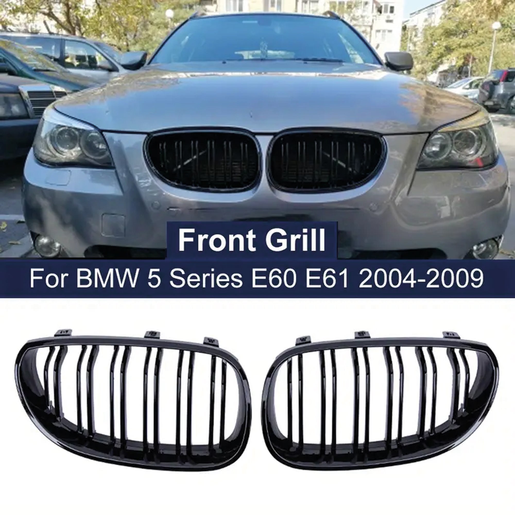 Front Bumper Kidney Racing Grille for BMW 5 Series E60 E61 2004-2009 Car Double Line Sport Grill Glossy Black Cover