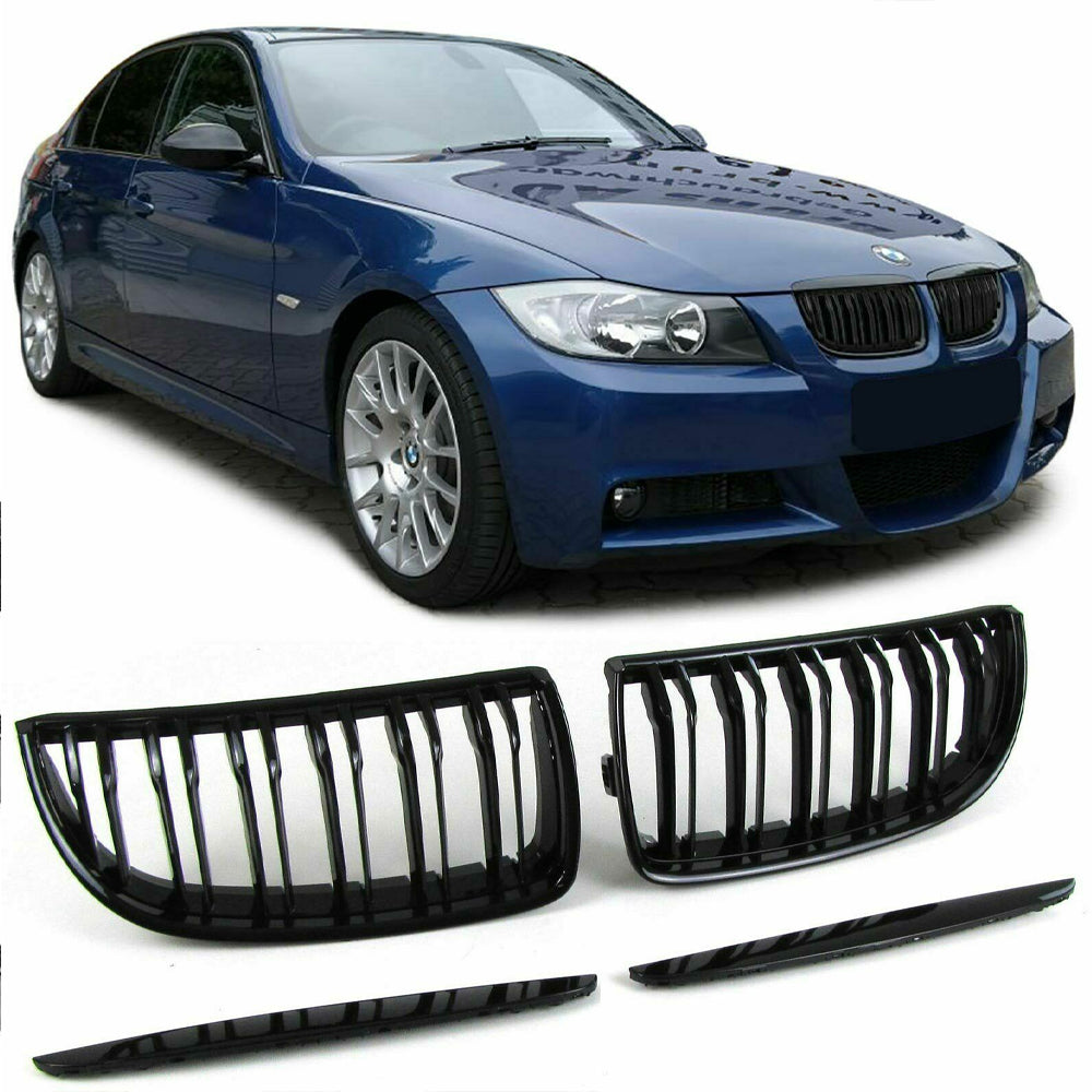 Front Bumper Kidney Racing Grille for BMW 3 Series E90 E91 2005-2008 325i 320i 330i 335i Car Double Line Sport Grill Glossy Black Cover