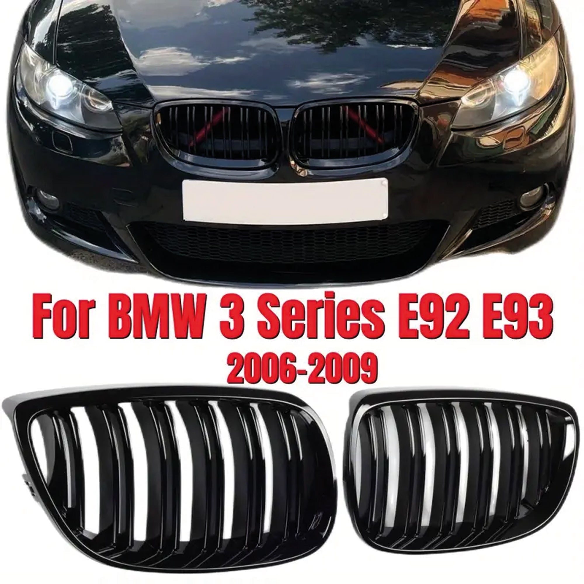 Front Bumper Kidney Racing Grille for BMW 5 Series E92 E93 2006-2009 Car Double Line Sport Grill Glossy Black Cover