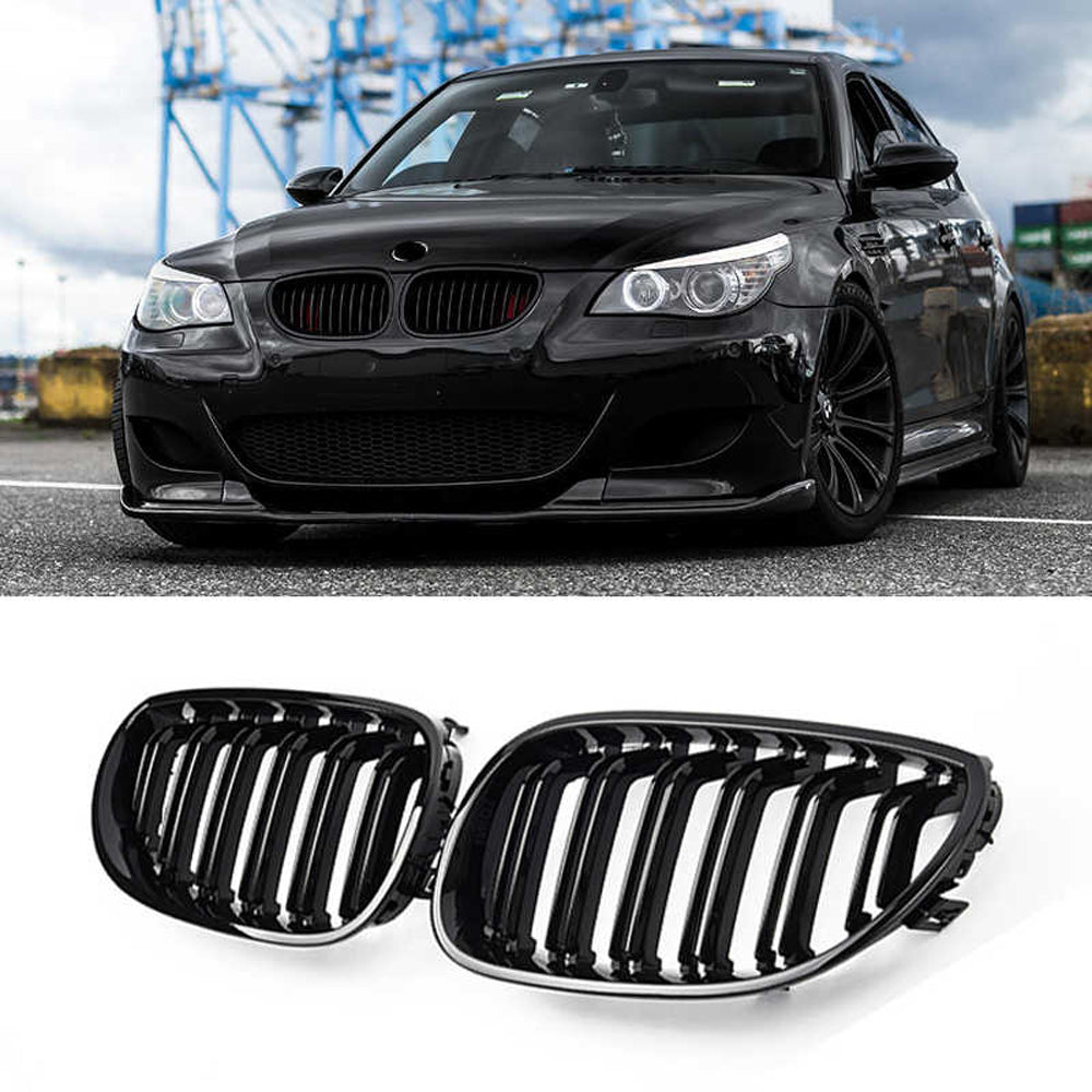 Front Bumper Kidney Racing Grille for BMW 5 Series E60 E61 2004-2009 Car Double Line Sport Grill Glossy Black Cover