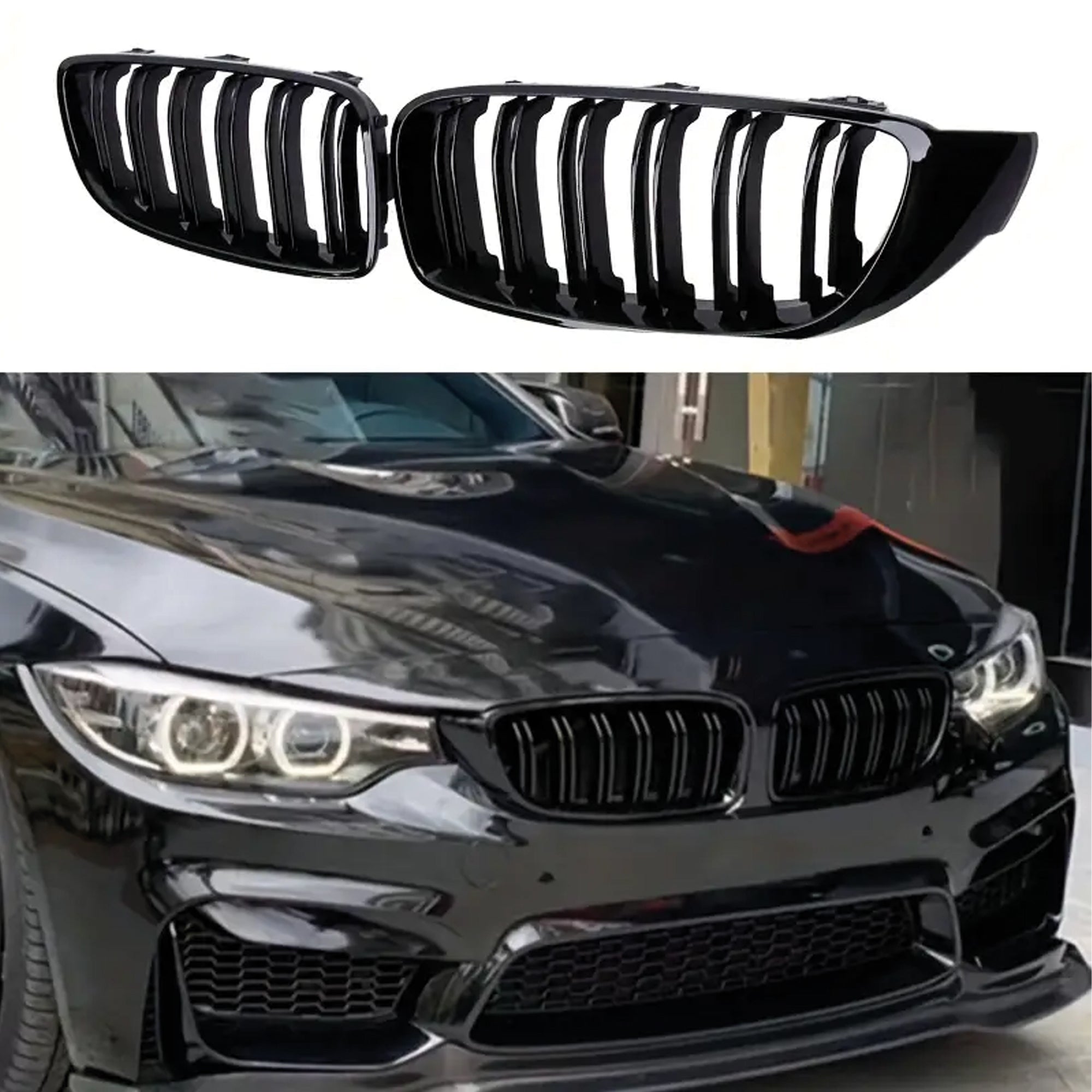 Front Bumper Kidney Racing Grille for BMW 4 Series F32 F33 F36 F80 F82 F83 2012-2018 2pcs 420d Car Double Line Sport Grill Glossy Black Cover