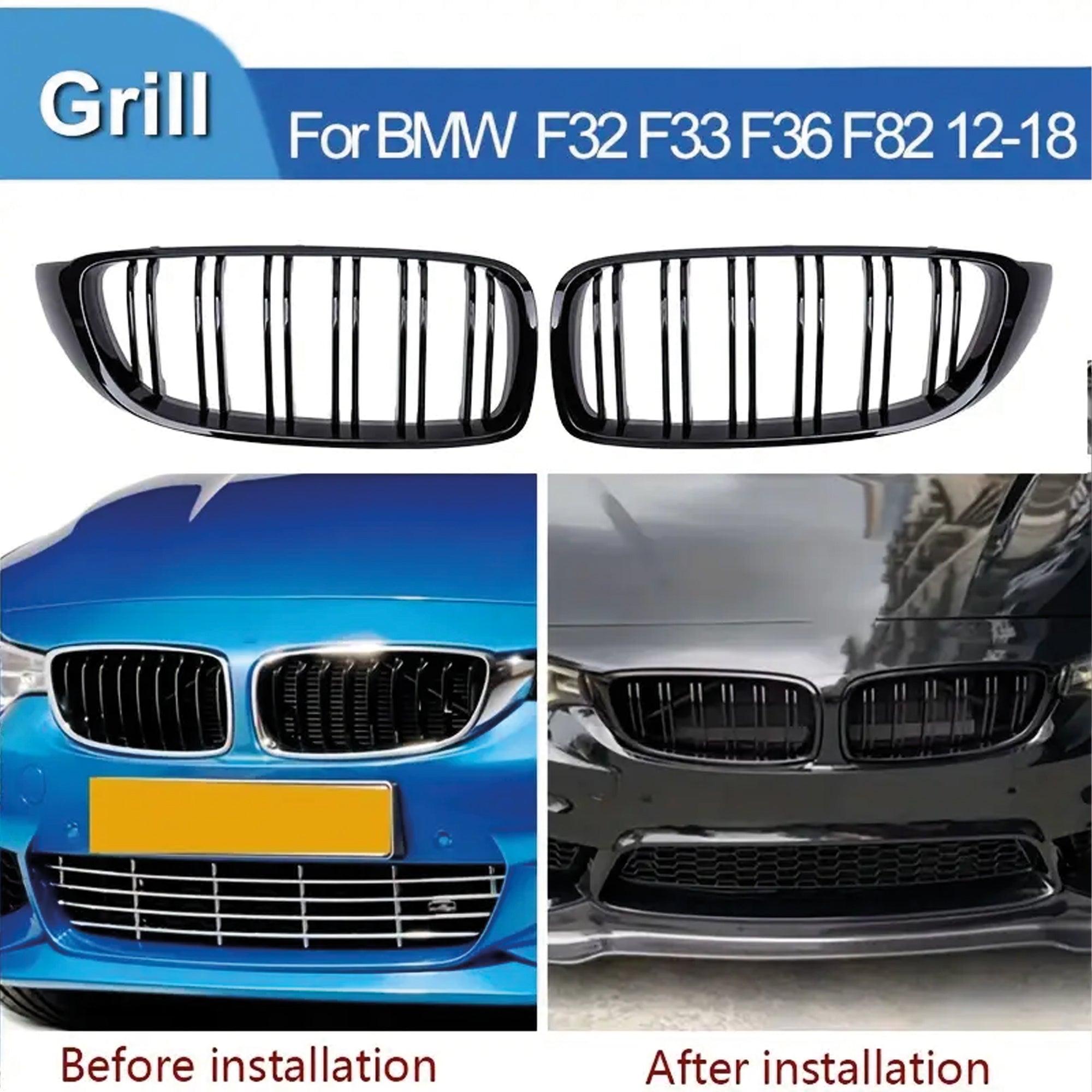Front Bumper Kidney Racing Grille for BMW 4 Series F32 F33 F36 F80 F82 F83 2012-2018 2pcs 420d Car Double Line Sport Grill Glossy Black Cover