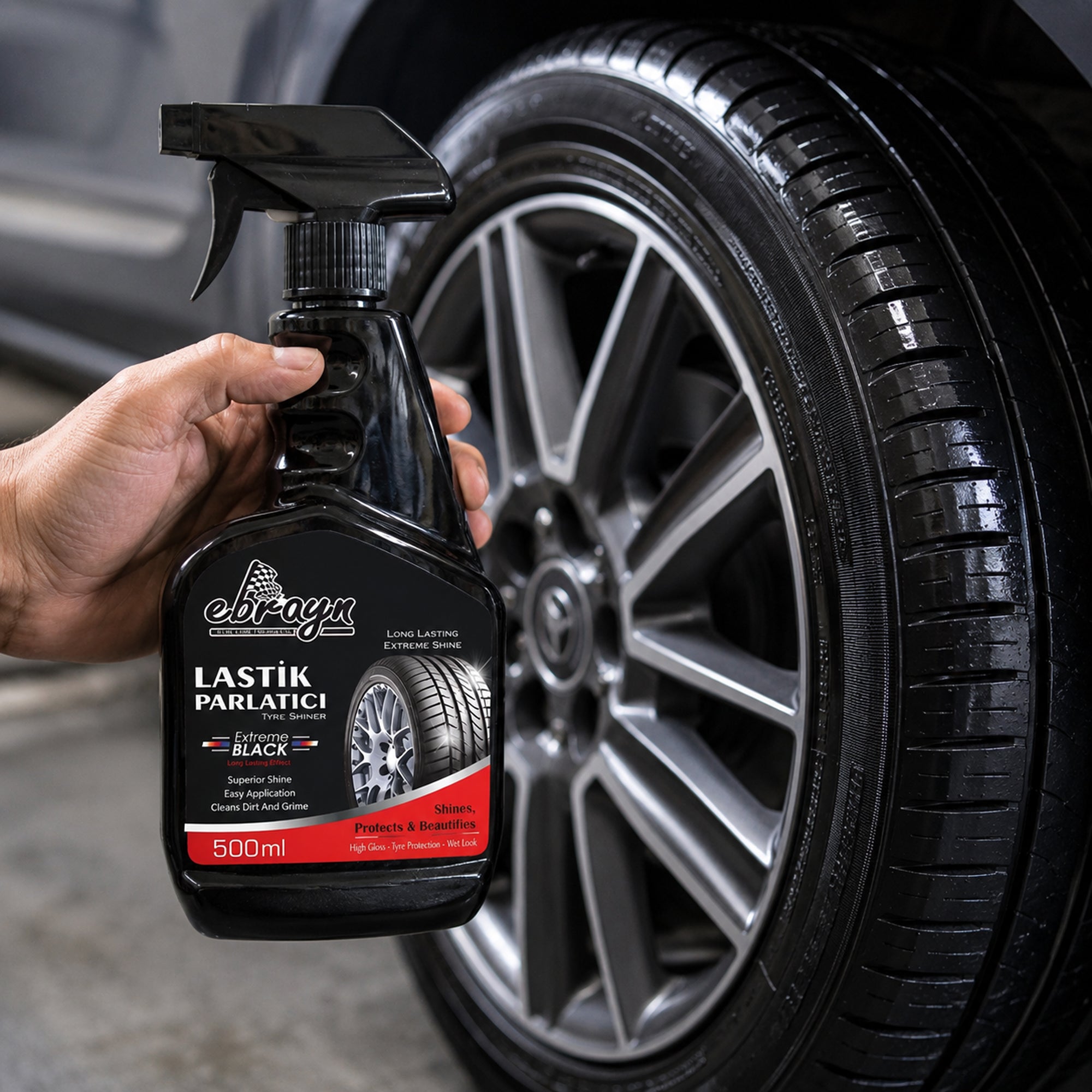 Car Care Tyre Shiner 500ML – High Gloss Long Lasting Tire Shine Spray, Anti-Static Rubber & Plastic Dressing, Black Trim & Tyre Protectant