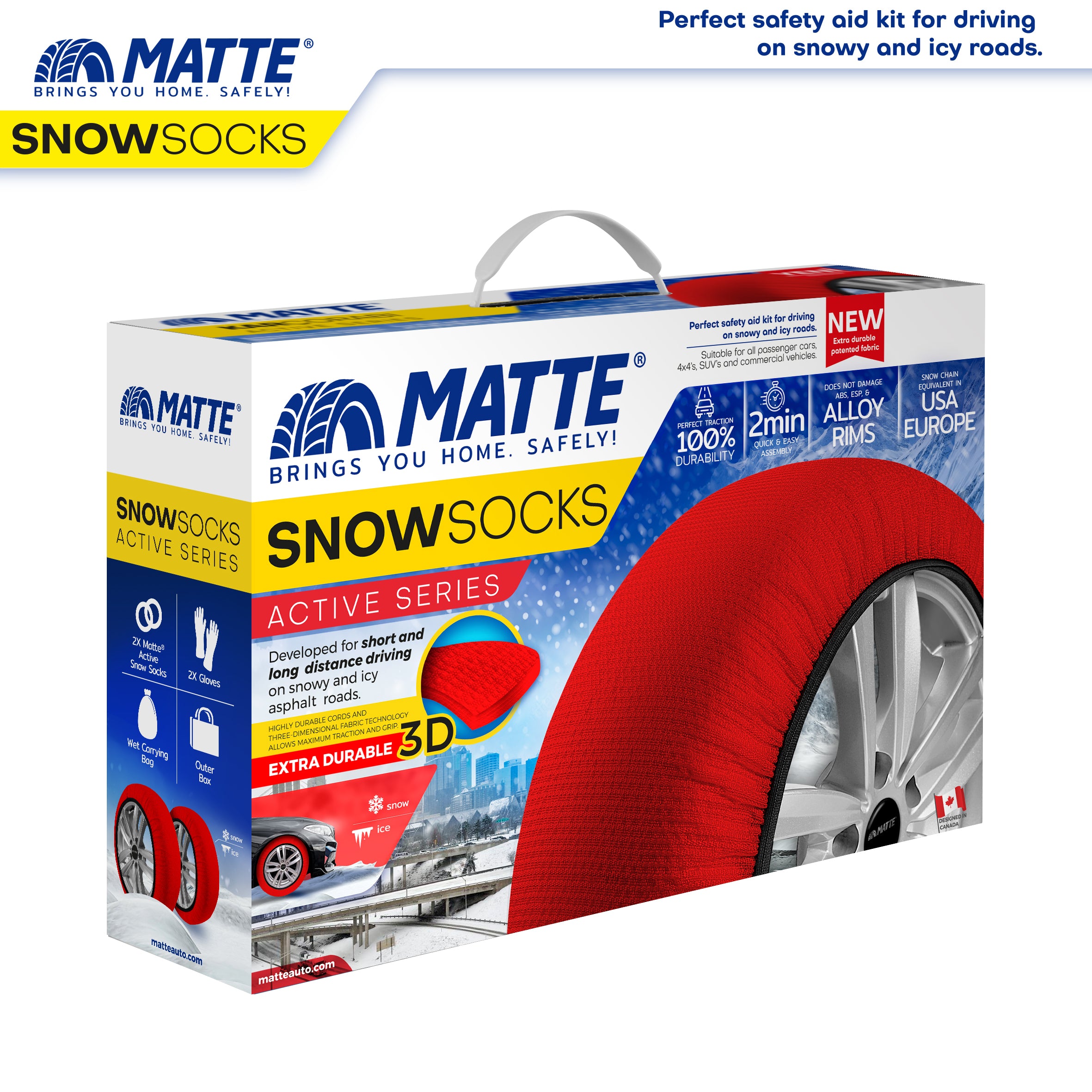 Car Tire Snow Socks 2pcs | MATTE | Winter Active Series Auto Car Tire Anti Patinage Snow Socks Red Wheel | Textile Snow Chain Alternative for Safe Driving on Snowy or Icy Roads