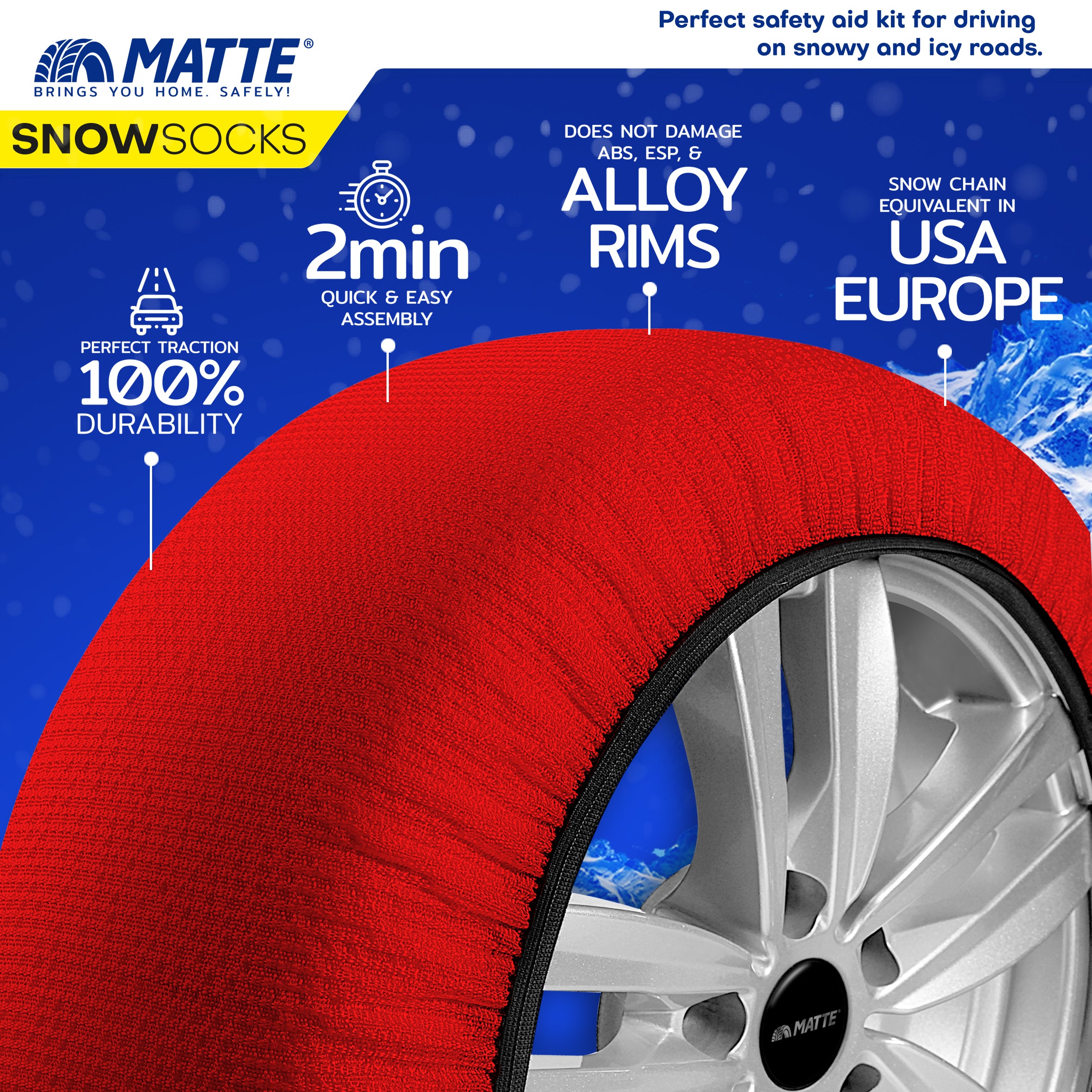 Car Tire Snow Socks 2pcs | MATTE | Winter Active Series Auto Car Tire Anti Patinage Snow Socks Red Wheel | Textile Snow Chain Alternative for Safe Driving on Snowy or Icy Roads