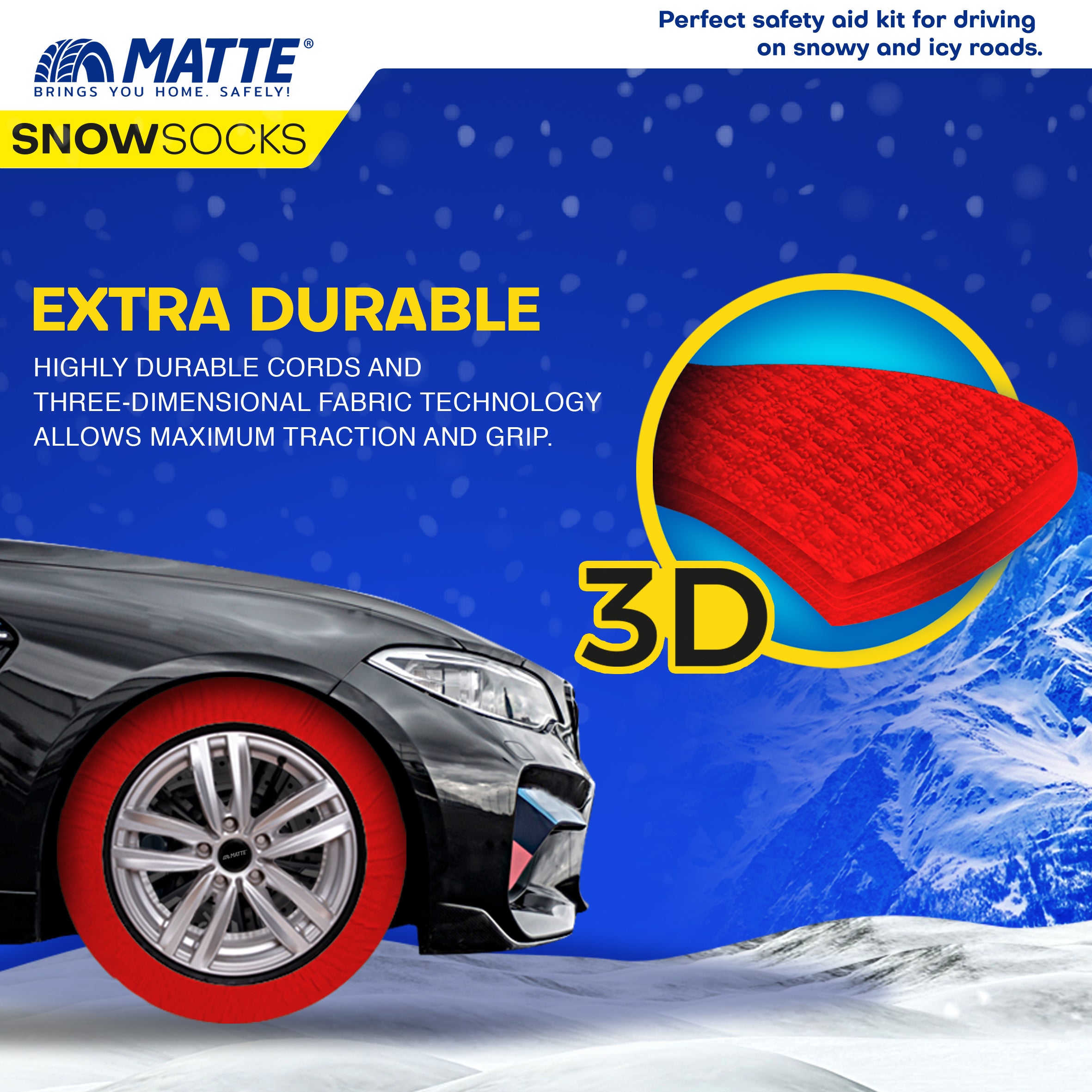 Car Tire Snow Socks 2pcs | MATTE | Winter Active Series Auto Car Tire Anti Patinage Snow Socks Red Wheel | Textile Snow Chain Alternative for Safe Driving on Snowy or Icy Roads