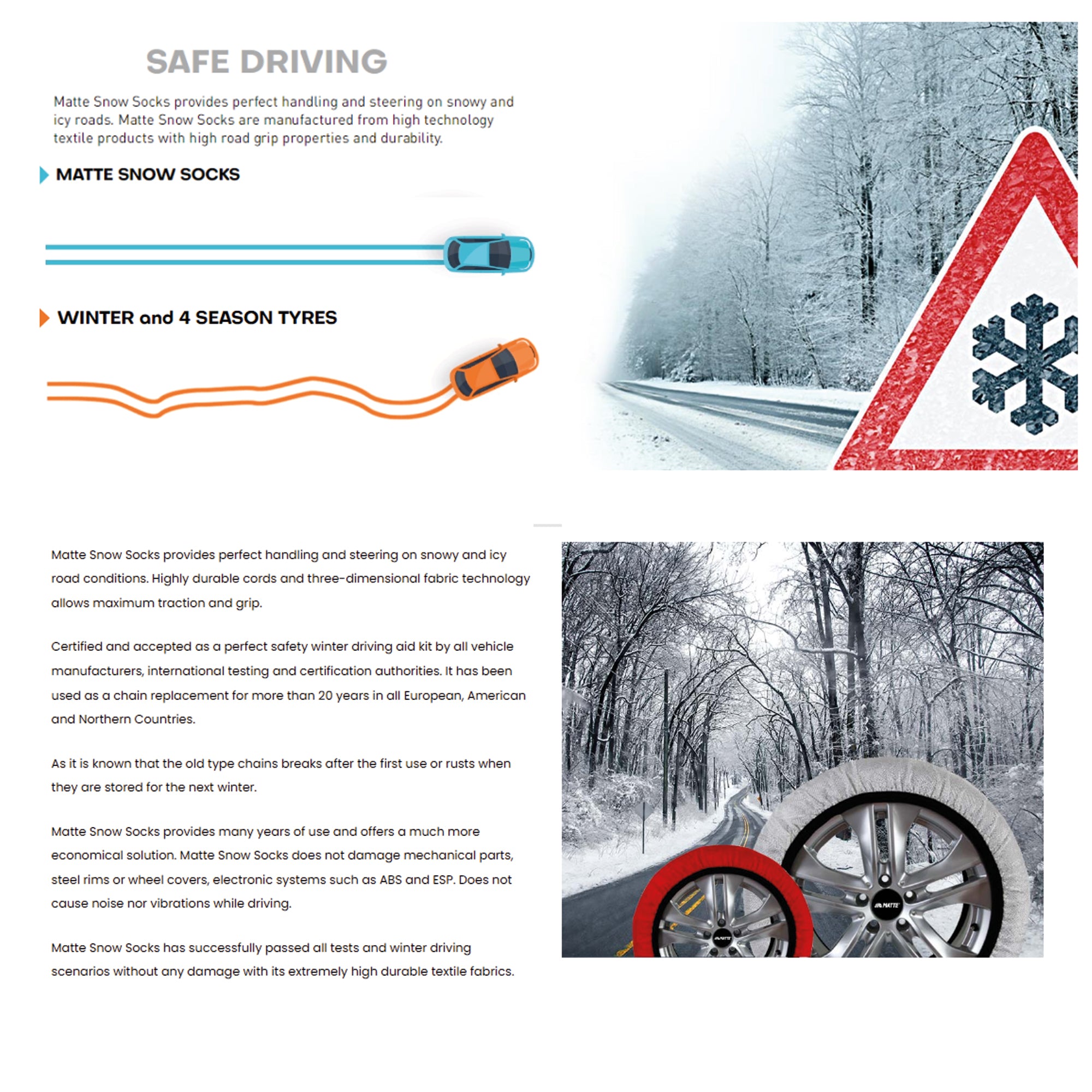 Car Tire Snow Socks 2pcs | MATTE | Winter Active Series Auto Car Tire Anti Patinage Snow Socks Red Wheel | Textile Snow Chain Alternative for Safe Driving on Snowy or Icy Roads