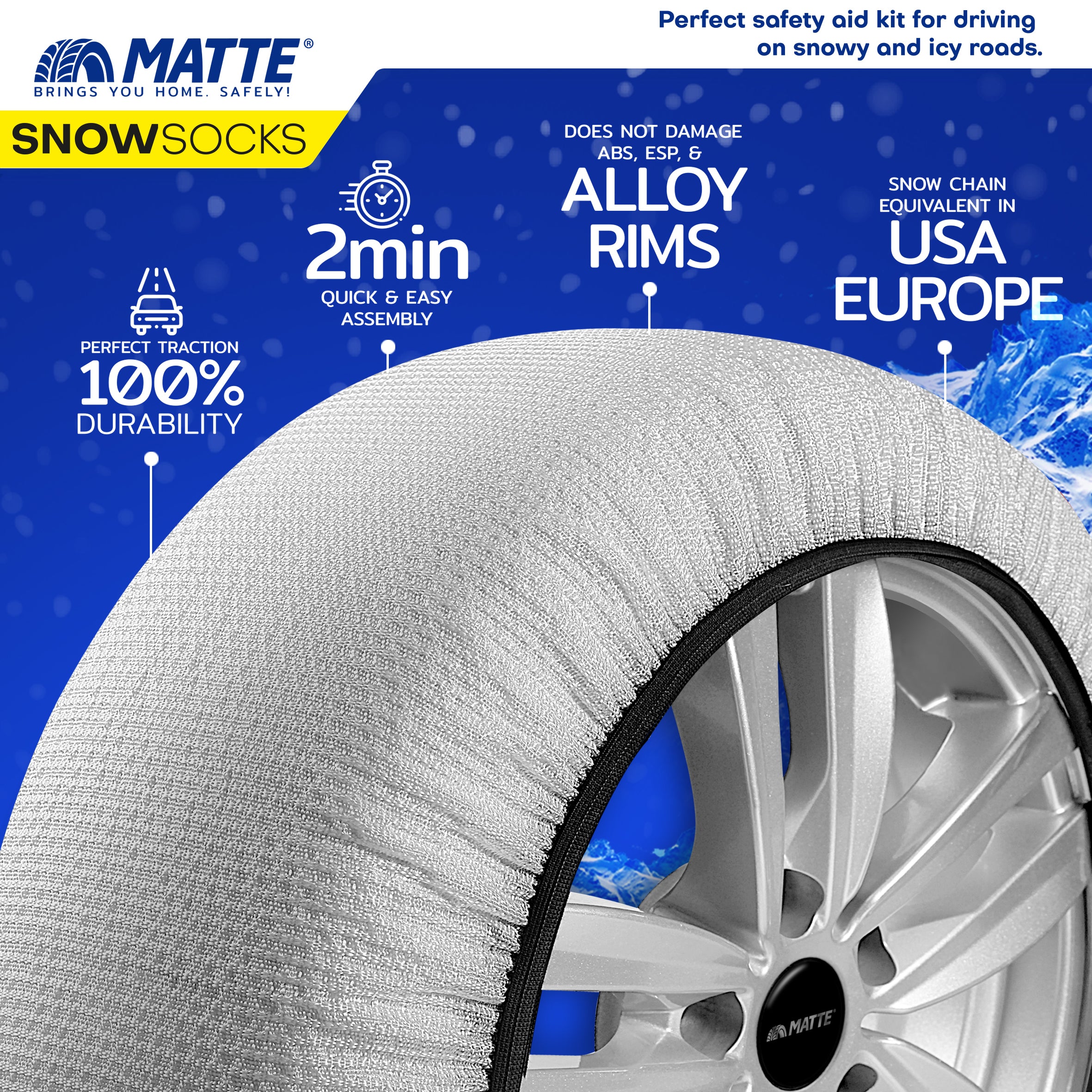 Car Tire Snow Socks 2pcs | MATTE | Winter Super-X Series Auto Car Tire Anti Patinage Snow Socks White Wheel | Textile Snow Chain Alternative for Safe Driving on Snowy or Icy Roads