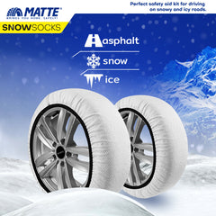 Car Tire Snow Socks 2pcs | MATTE | Winter Super-X Series Auto Car Tire Anti Patinage Snow Socks White Wheel | Textile Snow Chain Alternative for Safe Driving on Snowy or Icy Roads