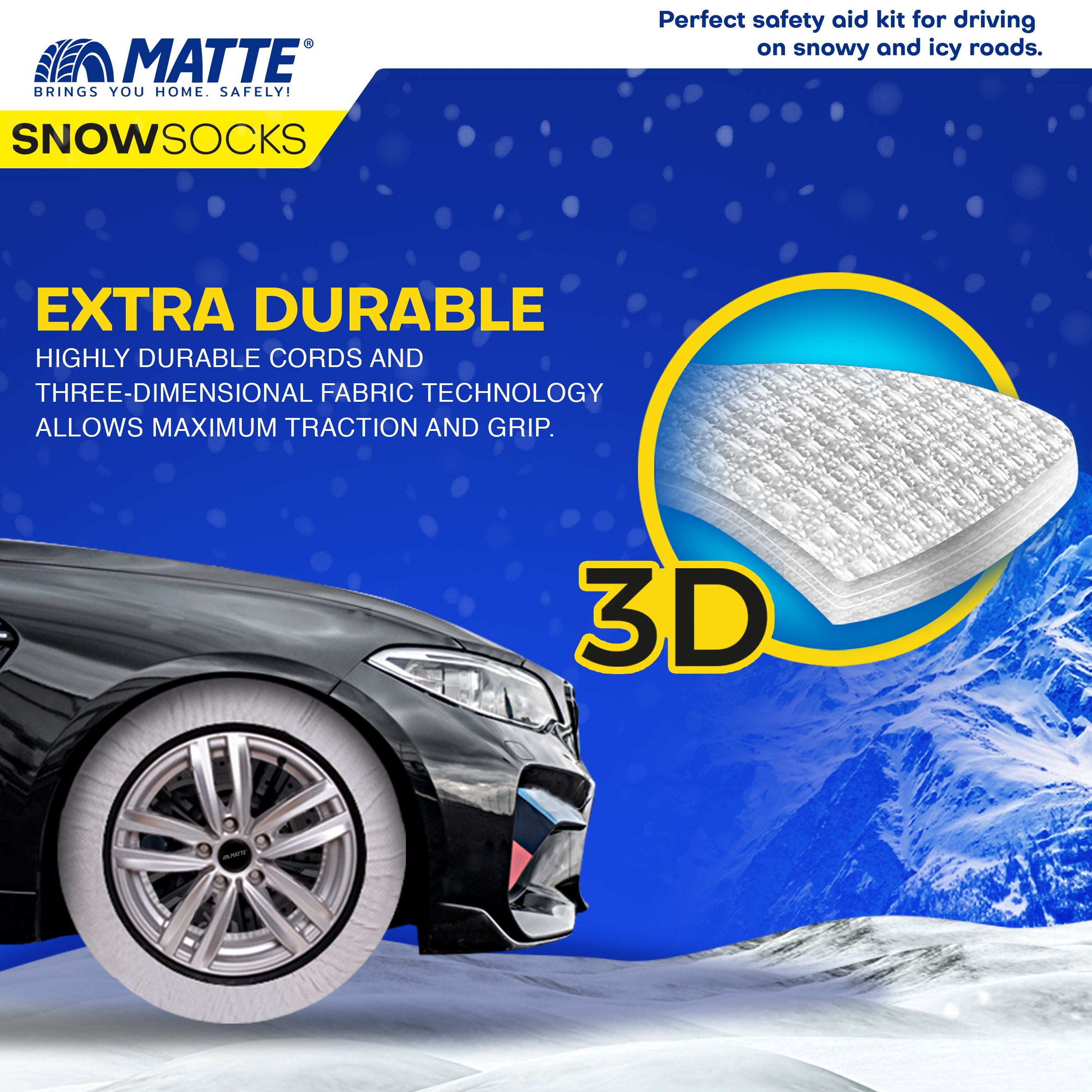 Car Tire Snow Socks 2pcs | MATTE | Winter Super-X Series Auto Car Tire Anti Patinage Snow Socks White Wheel | Textile Snow Chain Alternative for Safe Driving on Snowy or Icy Roads